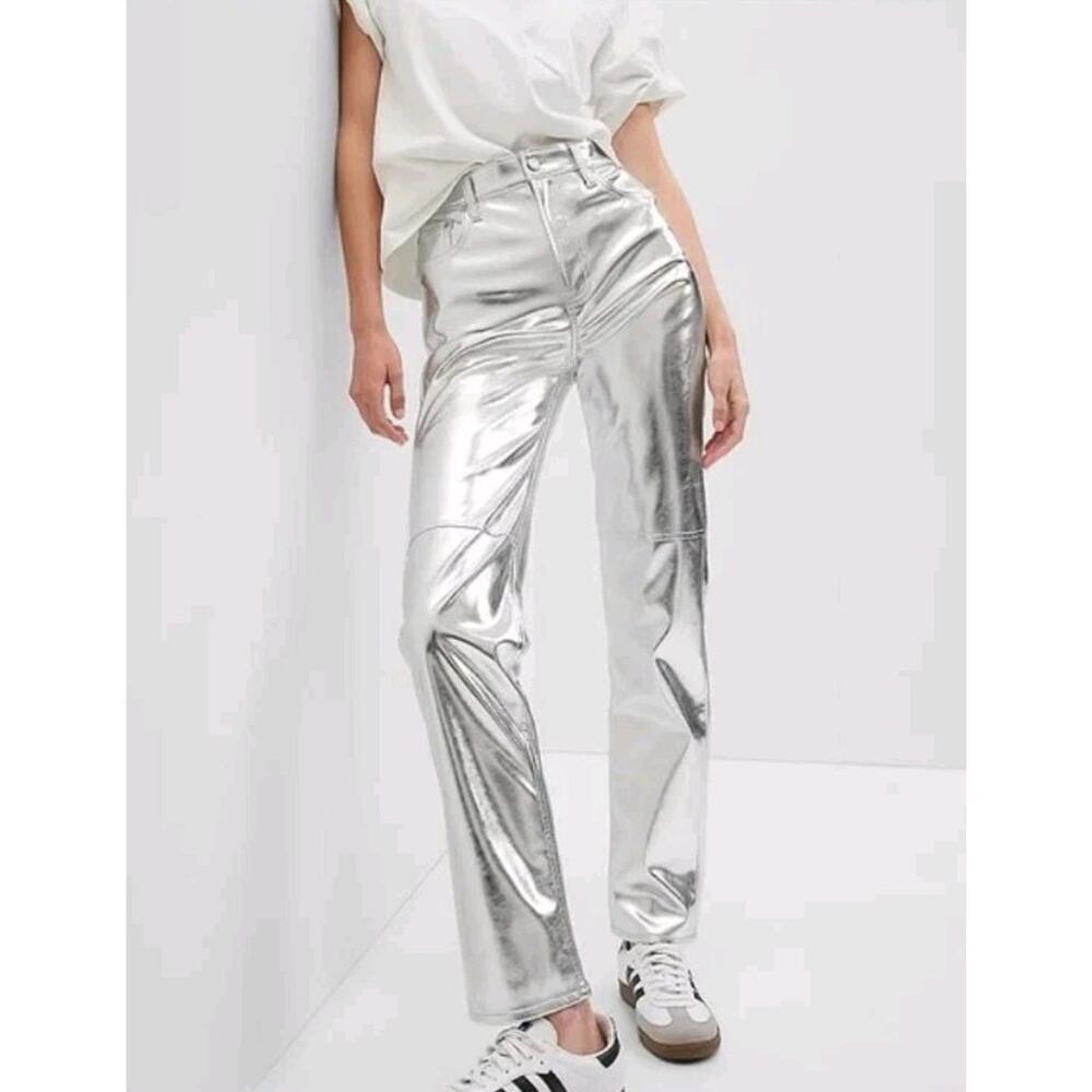 Gap Womens 28 Cheeky Straight High Rise Silver Metallic Jeans‎ Faux Leather